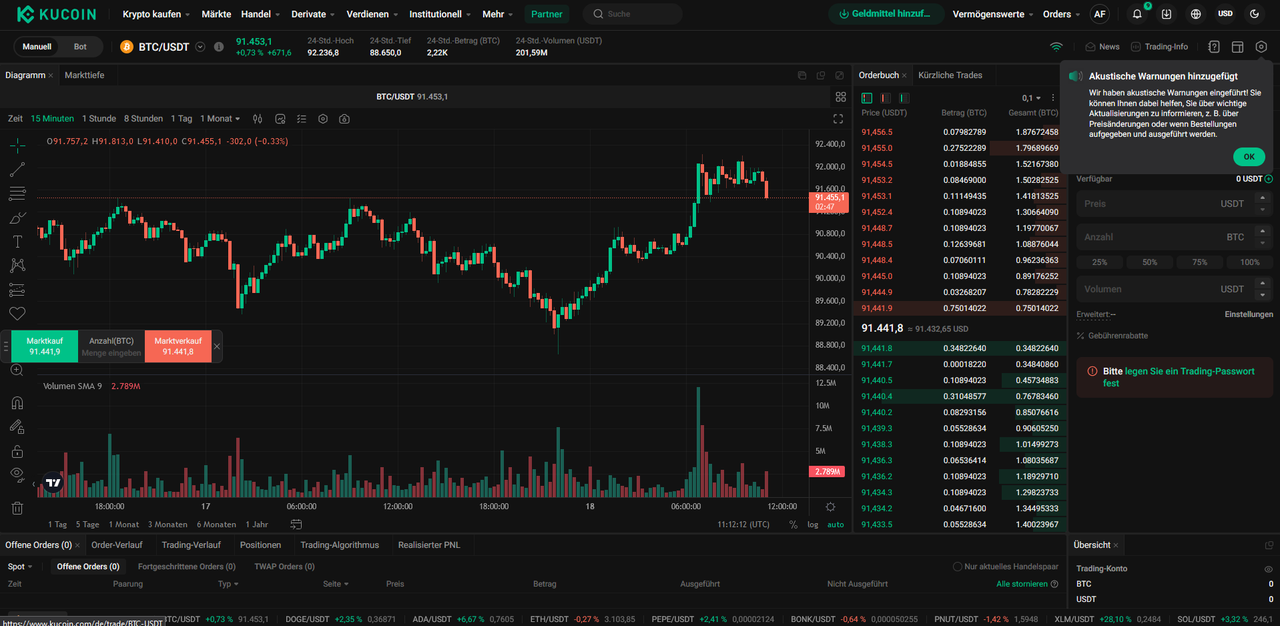 Screenshot der Handelsoberfläche vom Kucoin Sport Markt
