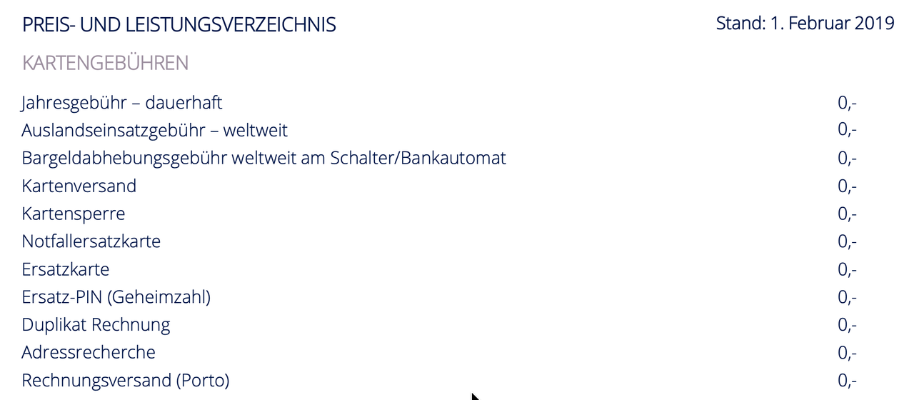 Auszug aus dem Preis-Leistungs-Verzeichnis der Gebührenfrei Mastercard Gold