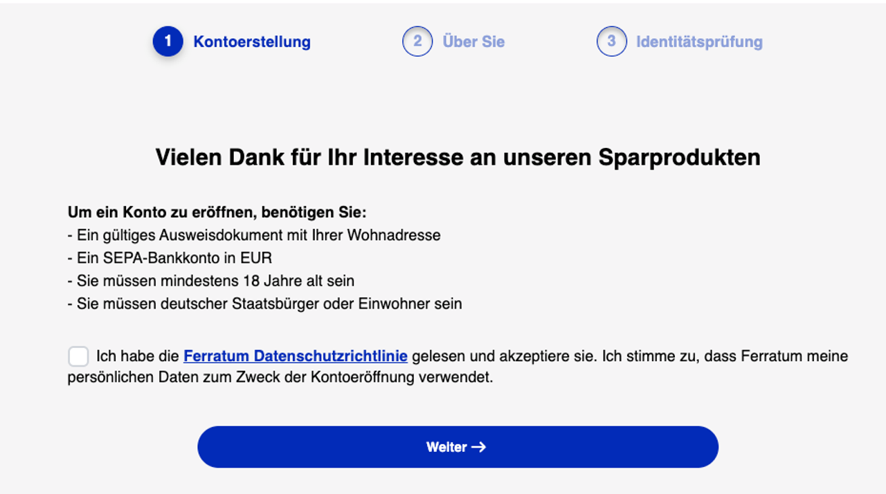 Maske für den Start der ferratum Kontoeröffnung