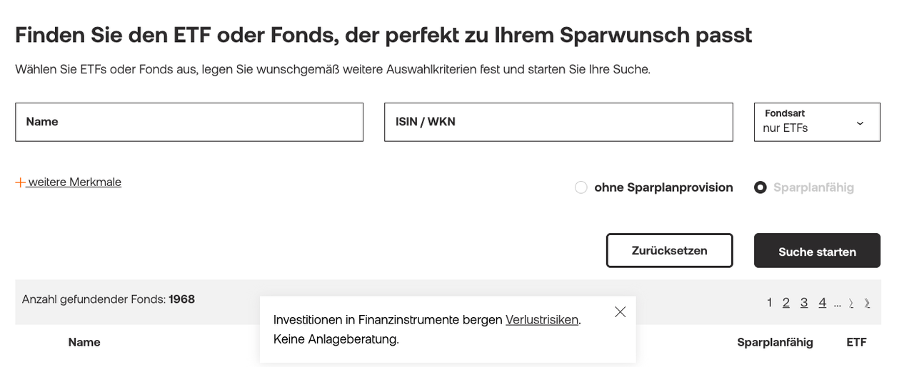 Suchfunktion für Sparpläne auf der Flatex Website