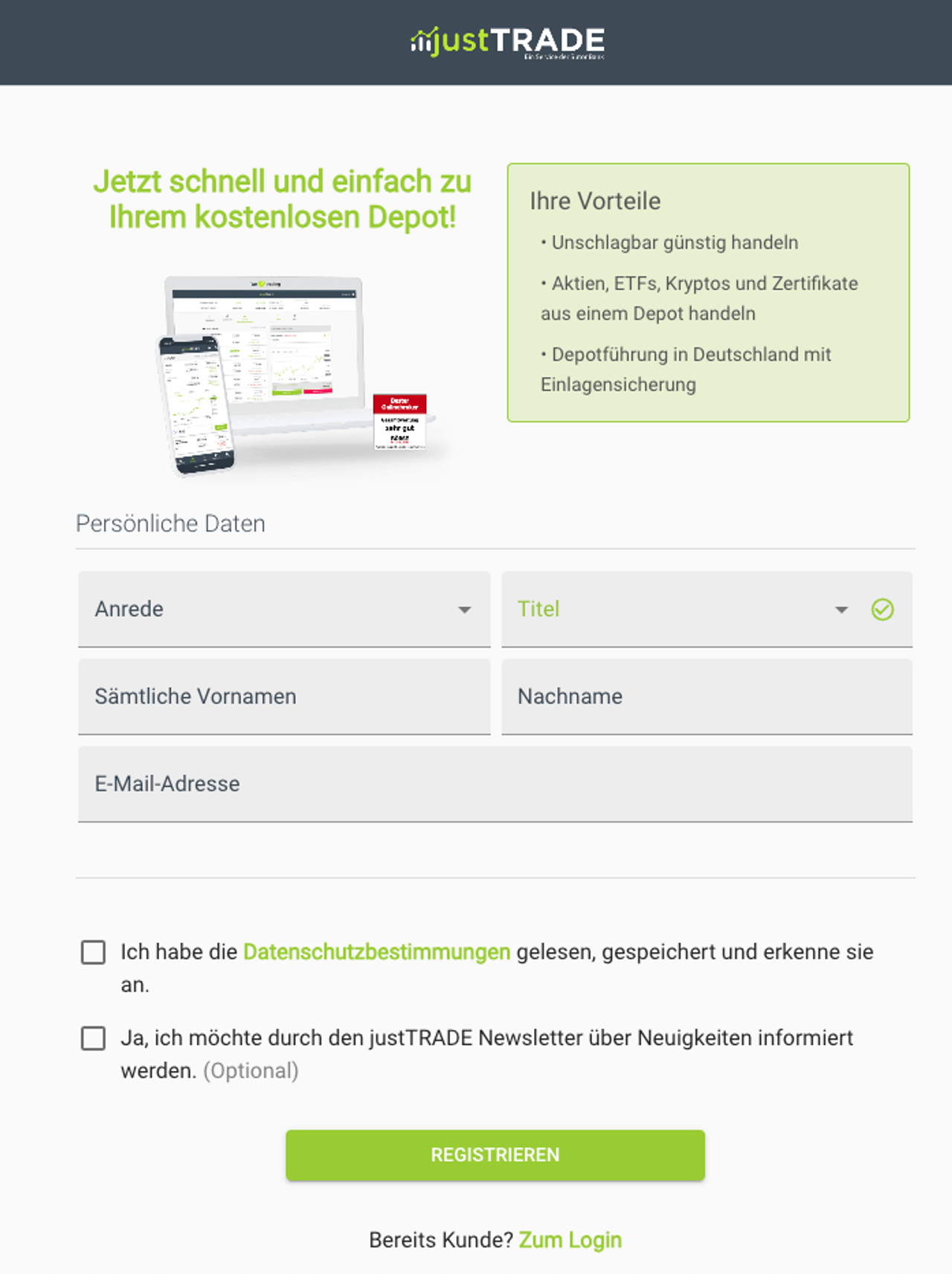 Hier siehst du das Menü zur Registrierung bei justtrade