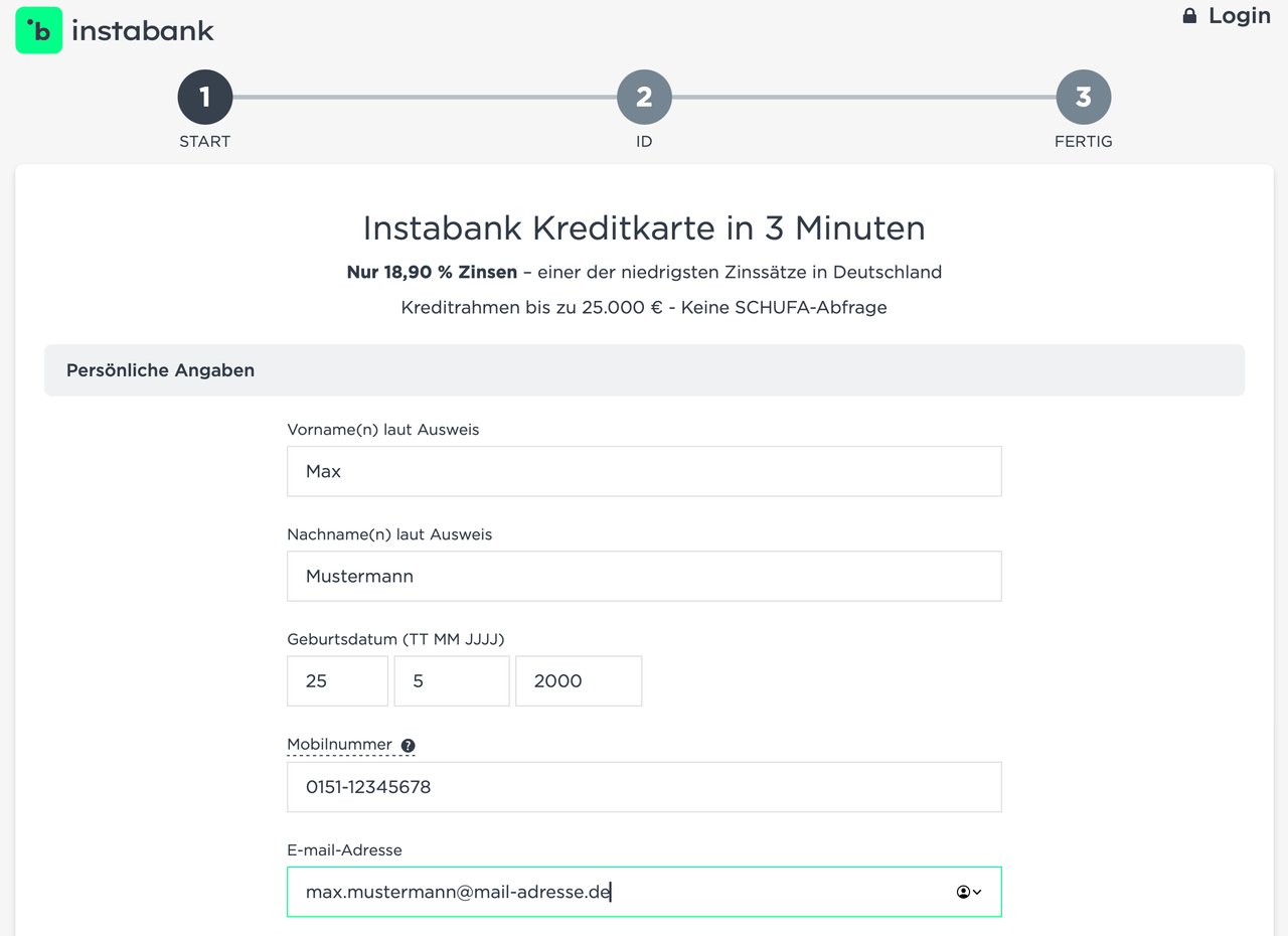 Die Anmeldung bei der Instabank ist extrem einfach gestaltet