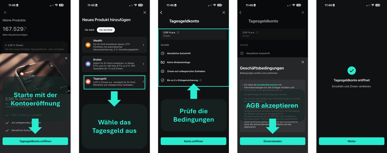 Prozess der Tagesgeldkontoeröffnung bei Scalable Capital