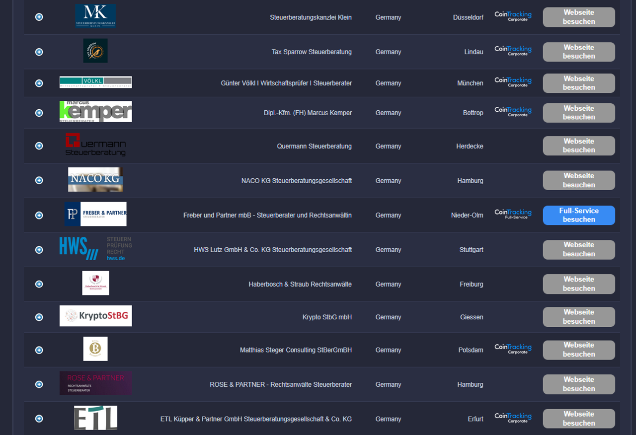 Eine Liste der Steuerberater bei CoinTracking