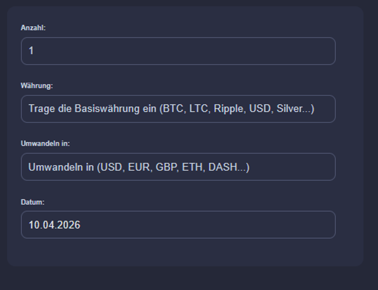Der Coin Preis Rechnererlaubt es dir den Wert deiner Coins in der Vergangenheit auszurechnen