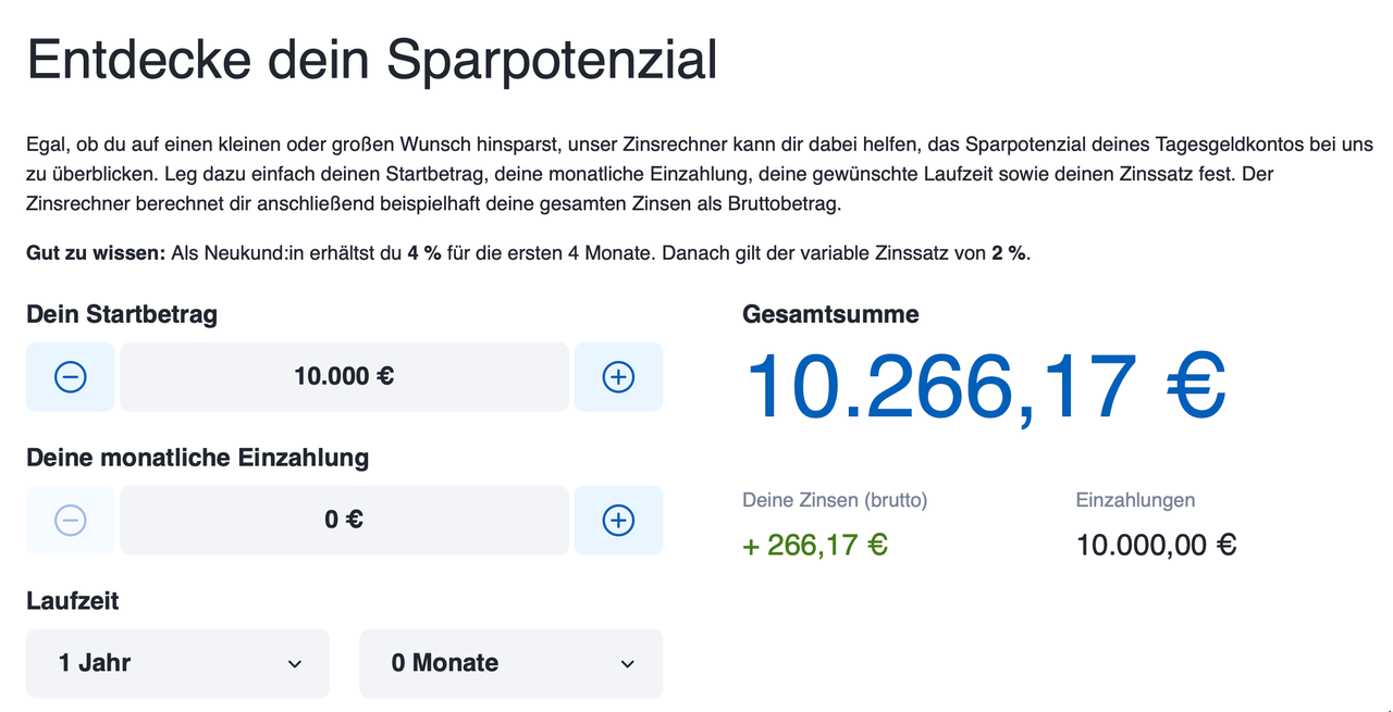 Screenshot aus dem Chase Zinsrechner