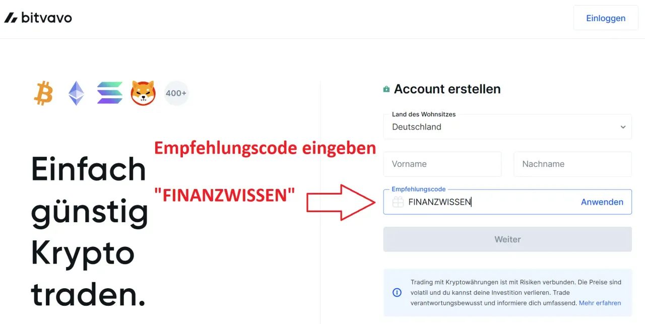Registrierungsmaske: Nutze Empfehlungscode "FINANZWISSEN" für den Willkommensbonus Bitvavo Empfehlungscode und Willkommenscode