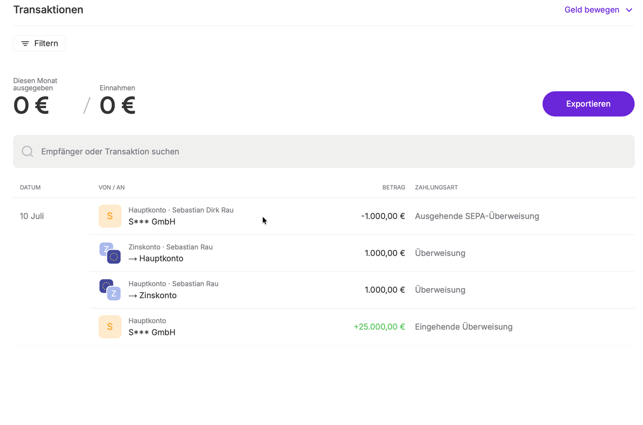 Transkationsübersicht bei Vivid Business