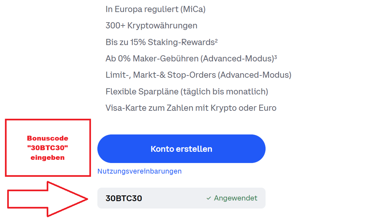 Coinbase Empfehlungscode 30BTC30 bei der Registrierung eingeben