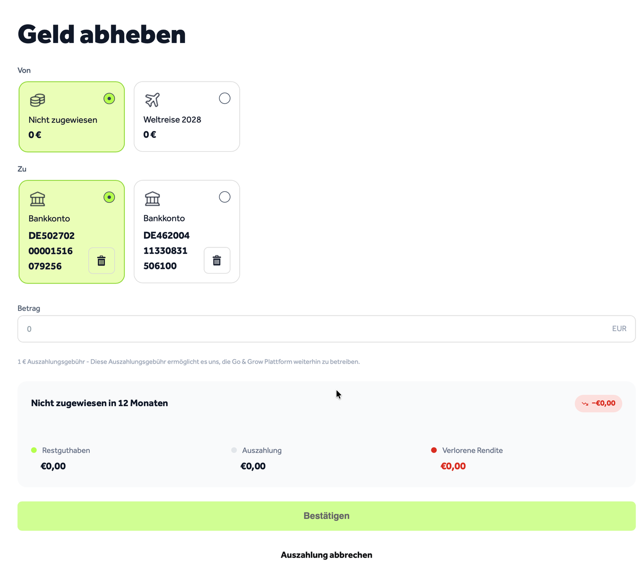 Geld einzahlen und auszahlen bei Go and Grow