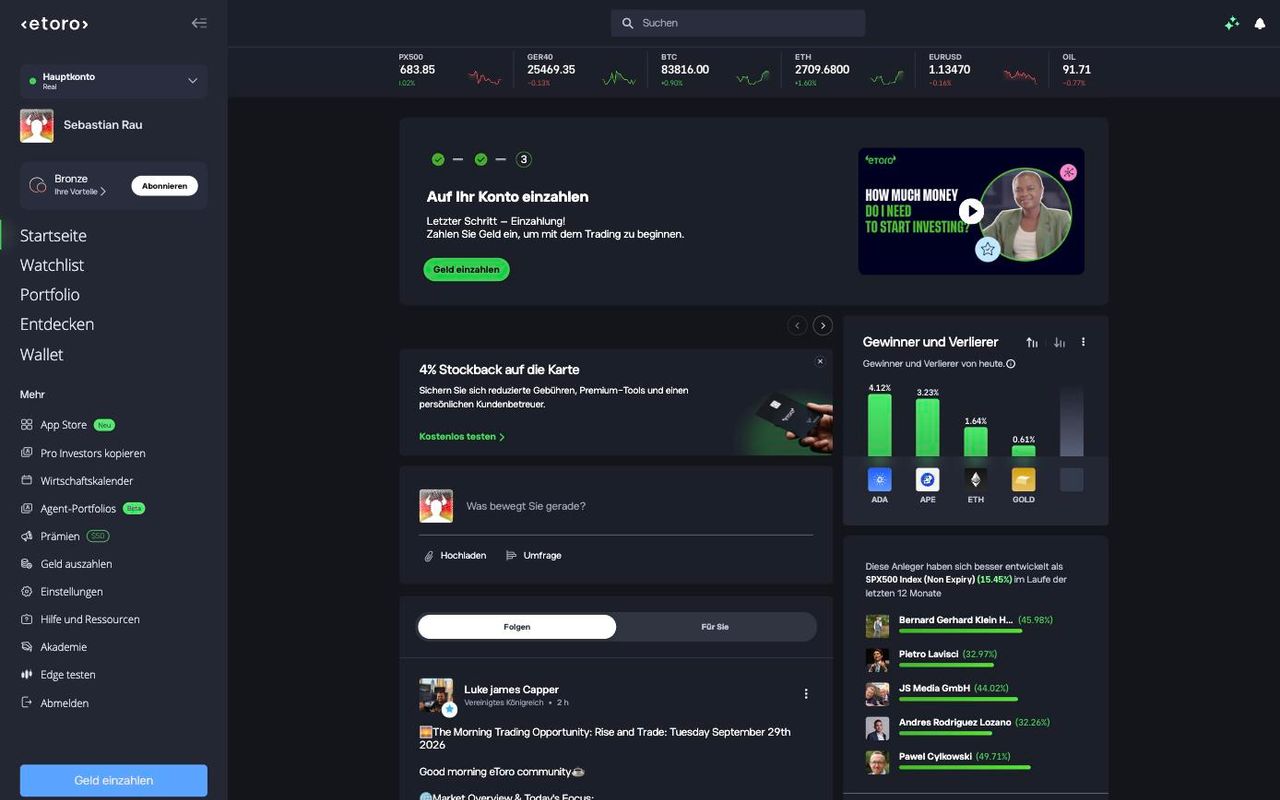 Startseite von eToro nach dem Login