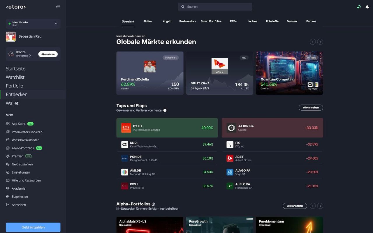 Bereich Entdecken bei eToro mit Aktien, Krypto, ETFs, Indizes, Rohstoffen, Devisen und Futures