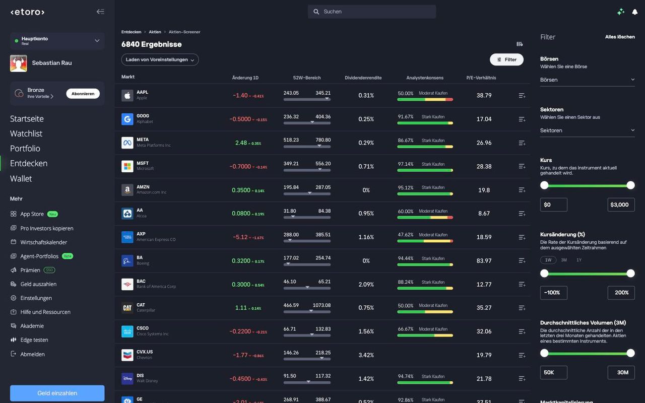 Aktien-Screener von eToro mit 6.840 Aktien und Filtern