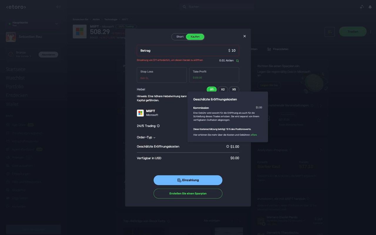 Ordermaske für Microsoft-Aktien bei eToro mit 1 USD Kommission