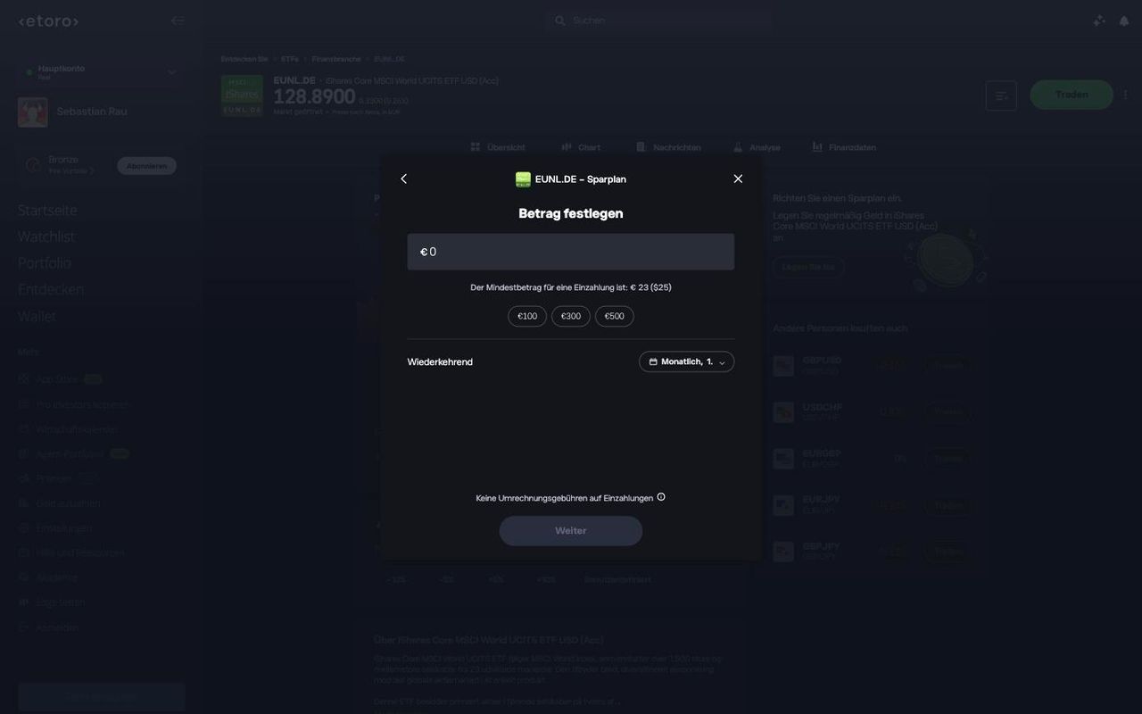 ETF-Sparplan bei eToro mit Mindestbetrag von 23 Euro