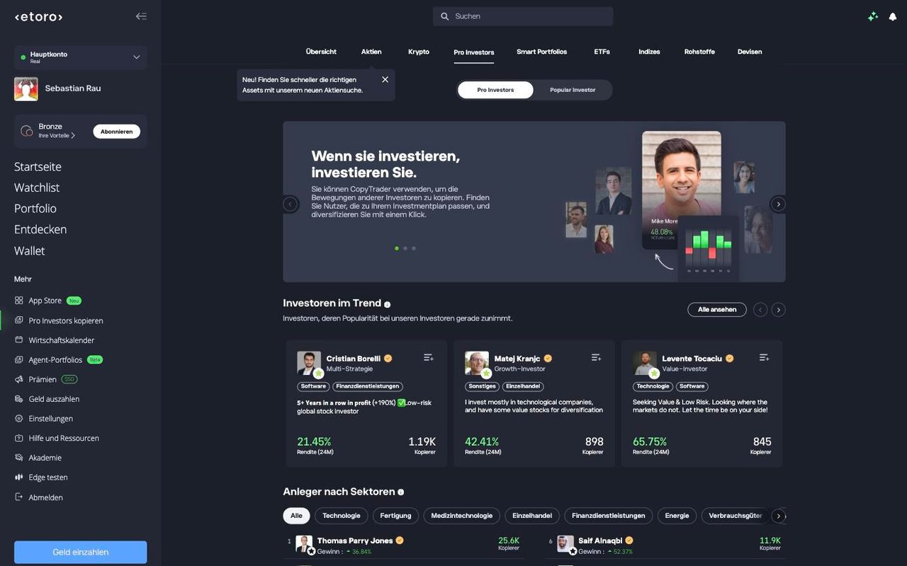 Übersicht der Pro Investors für CopyTrading bei eToro