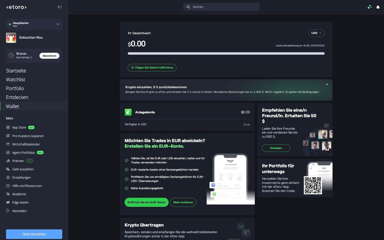 Wallet bei eToro mit Option für ein EUR-Konto