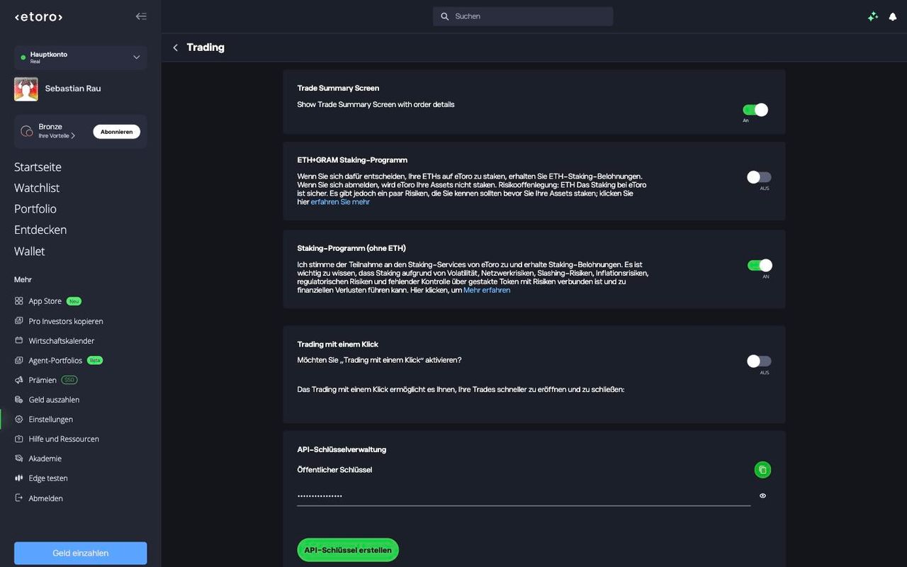 Trading-Einstellungen bei eToro mit Staking und API-Schlüsseln