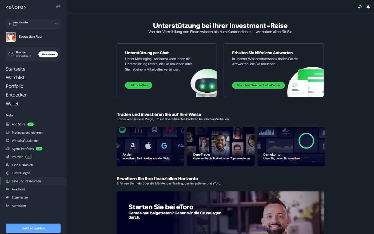 Hilfe-Bereich von eToro mit Chat und Help-Center