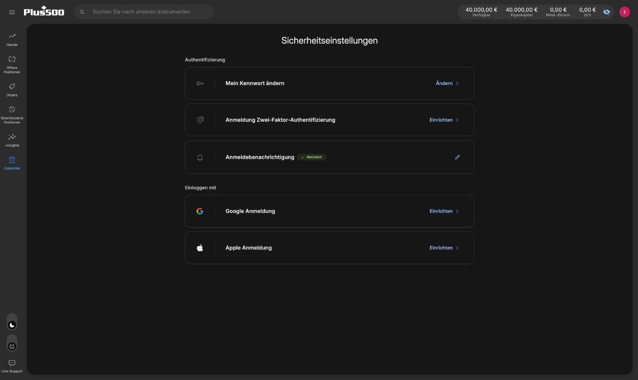 Sicherheitseinstellungen bei Plus500 mit Zwei-Faktor-Authentifizierung