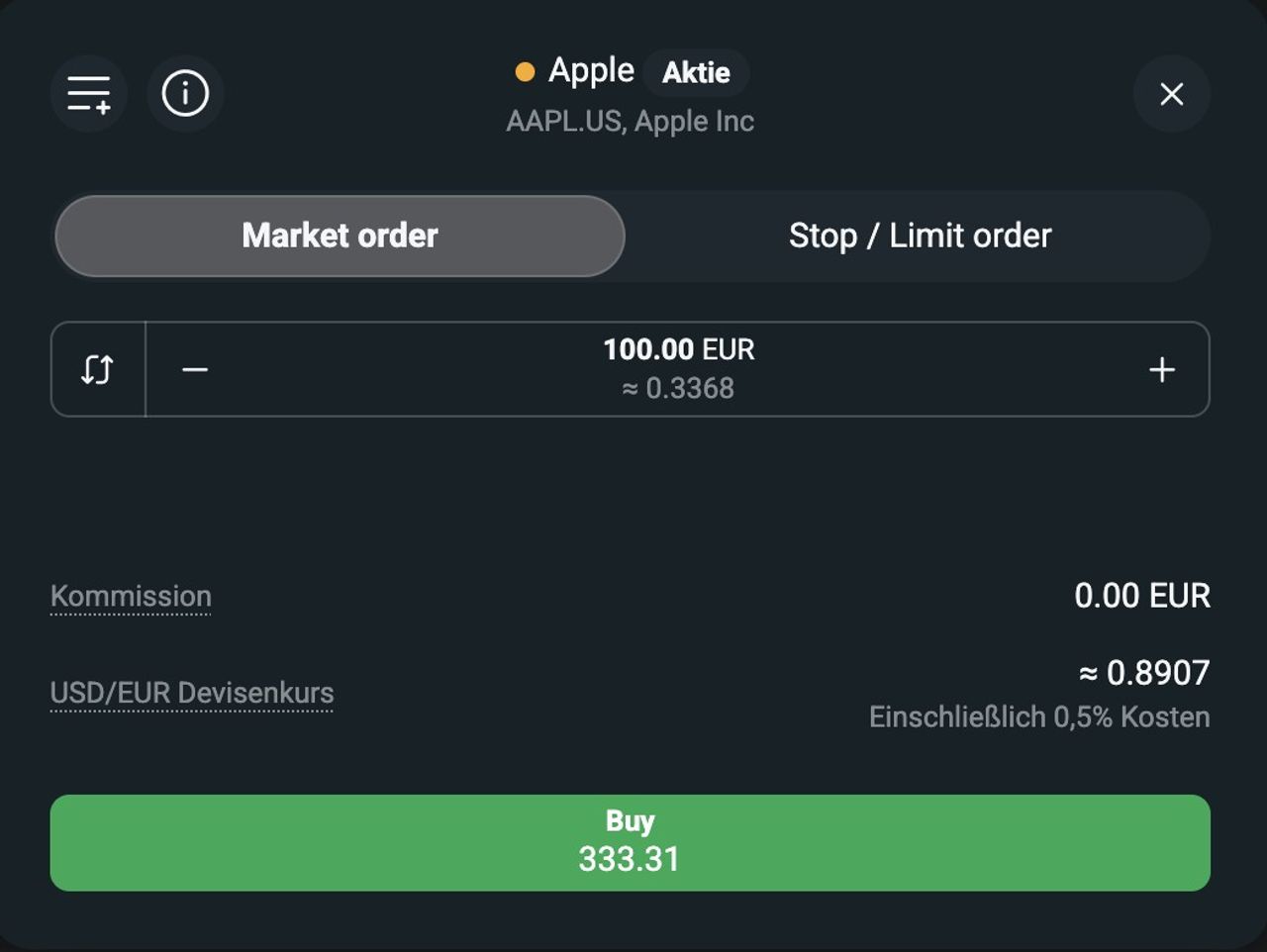 Ordermaske für die Apple-Aktie bei XTB mit Kommission 0,00 Euro und Devisenkurs inklusive 0,5 Prozent Kosten