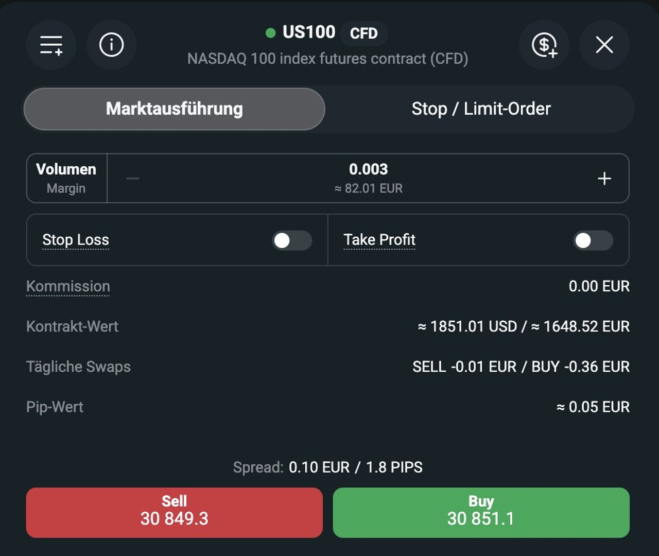 Ordermaske für den US100-CFD bei XTB mit täglichen Swaps, Kontraktwert und Spread