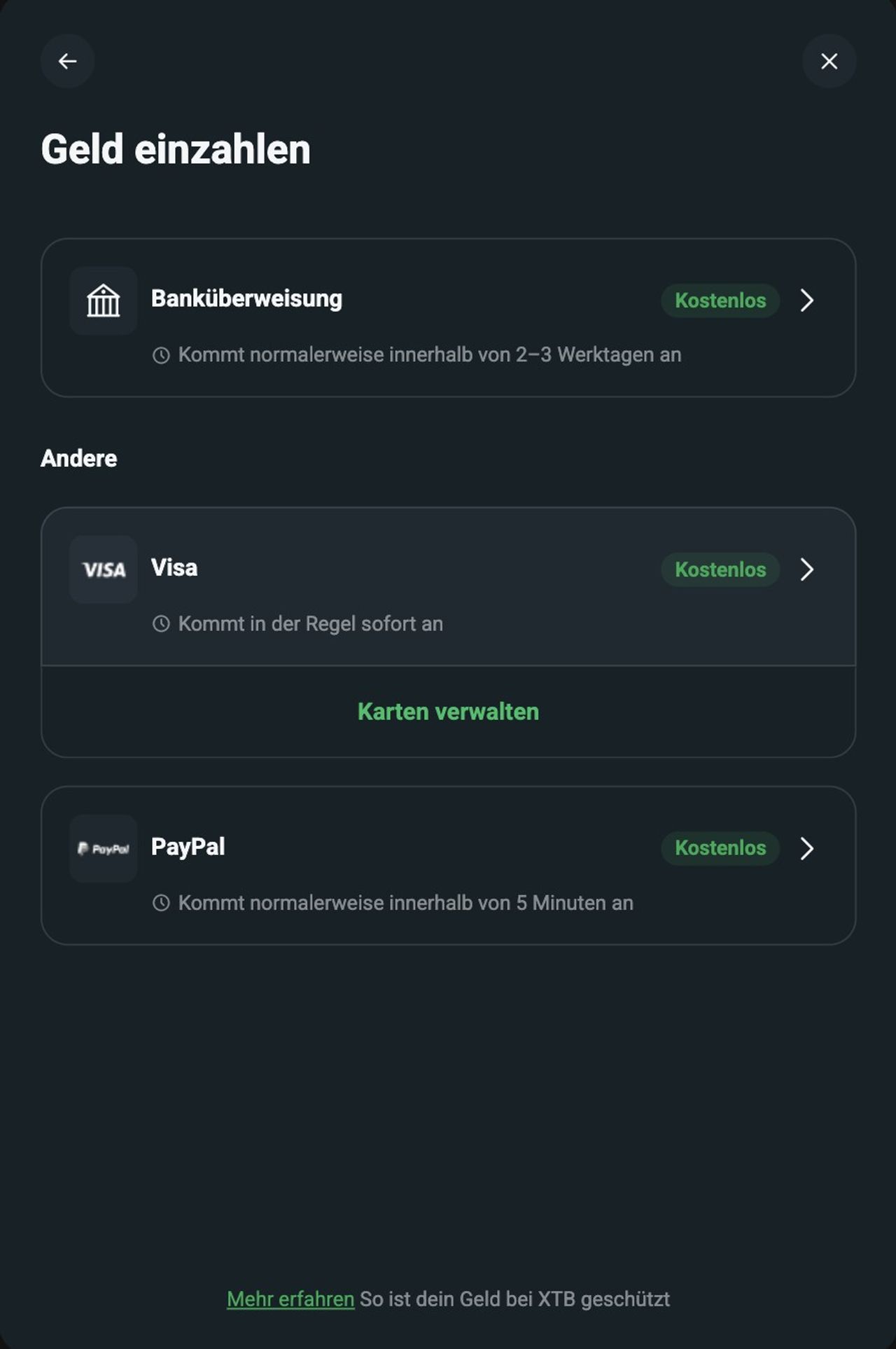 Einzahlungsmethoden bei XTB: Banküberweisung, Karte und PayPal, jeweils kostenlos