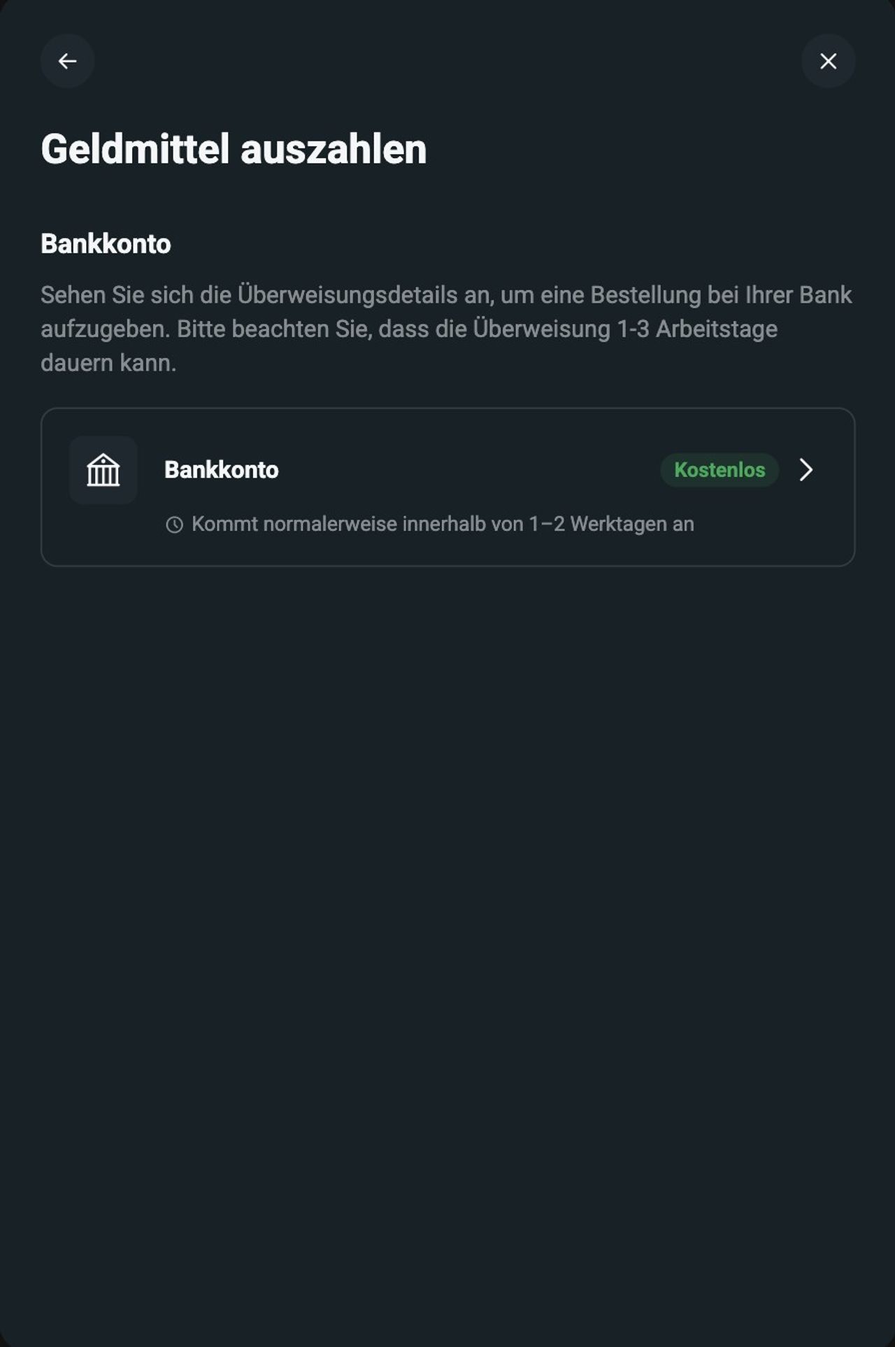 Auszahlungsmaske bei XTB mit Auszahlung auf das hinterlegte Bankkonto
