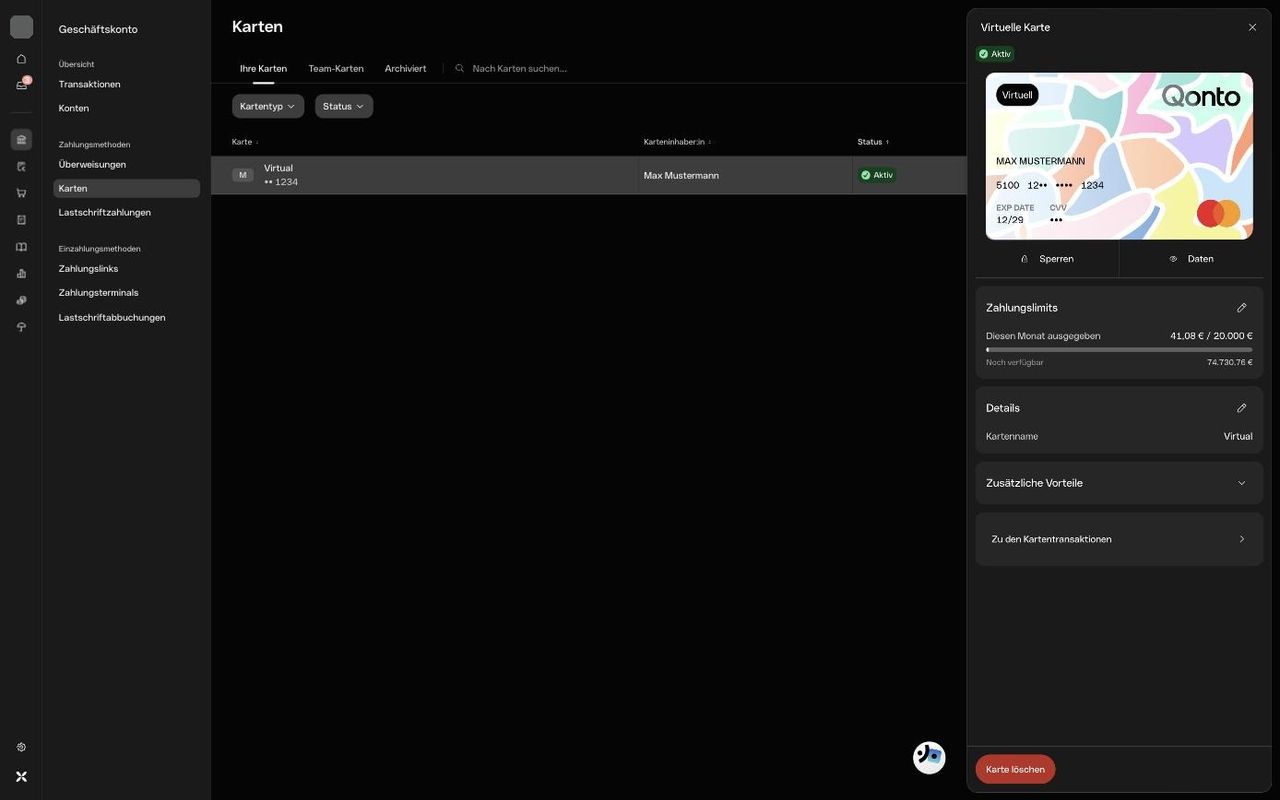 Detailansicht einer virtuellen Qonto Karte mit Zahlungslimit und Kartendaten