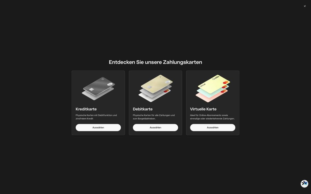 Auswahl der Zahlungskarten bei Qonto mit Kreditkarte, Debitkarte und virtueller Karte