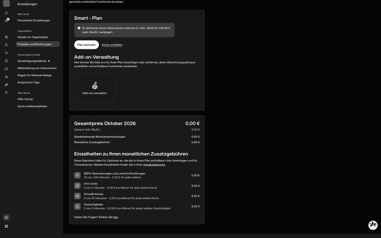 Preisplan Qonto Smart mit monatlichen Zusatzgebühren für Überweisungen, Karten und Teammitglieder