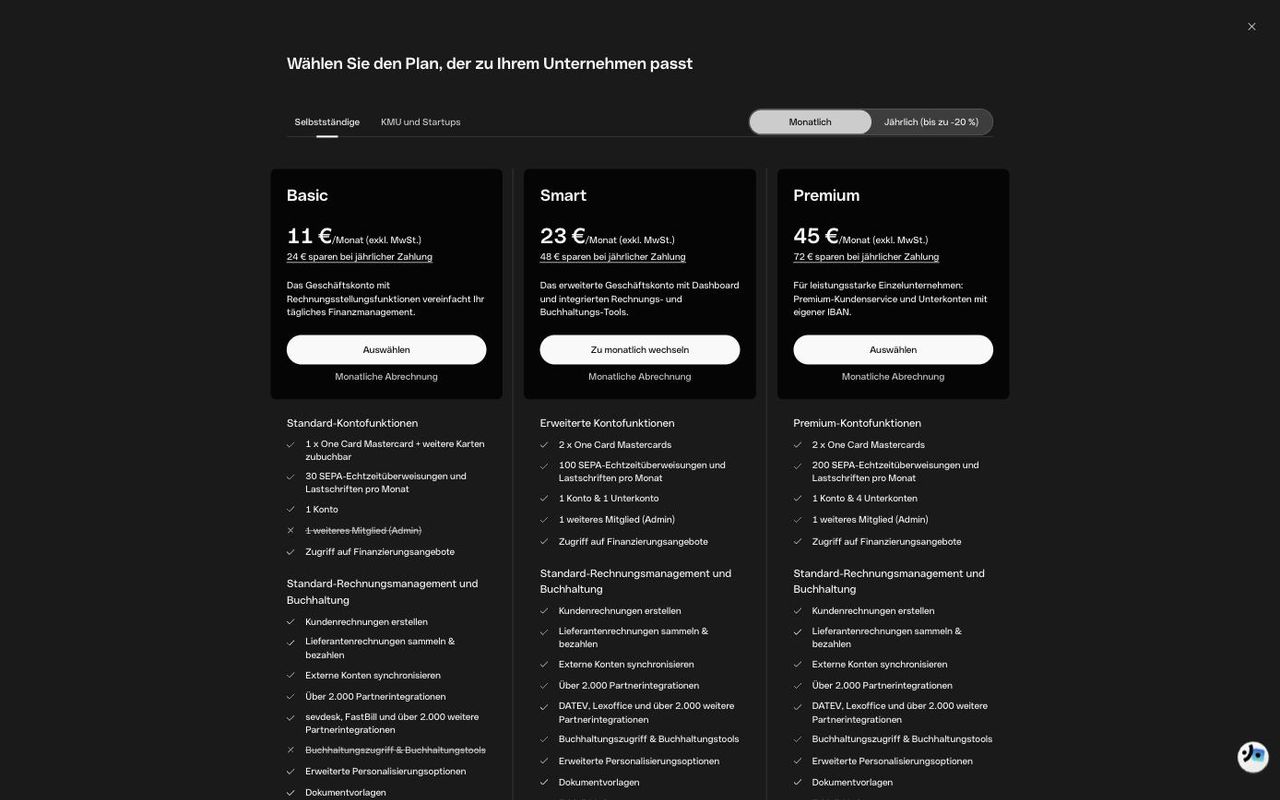 Qonto Tarifübersicht für Selbstständige mit Basic, Smart und Premium bei monatlicher Zahlung