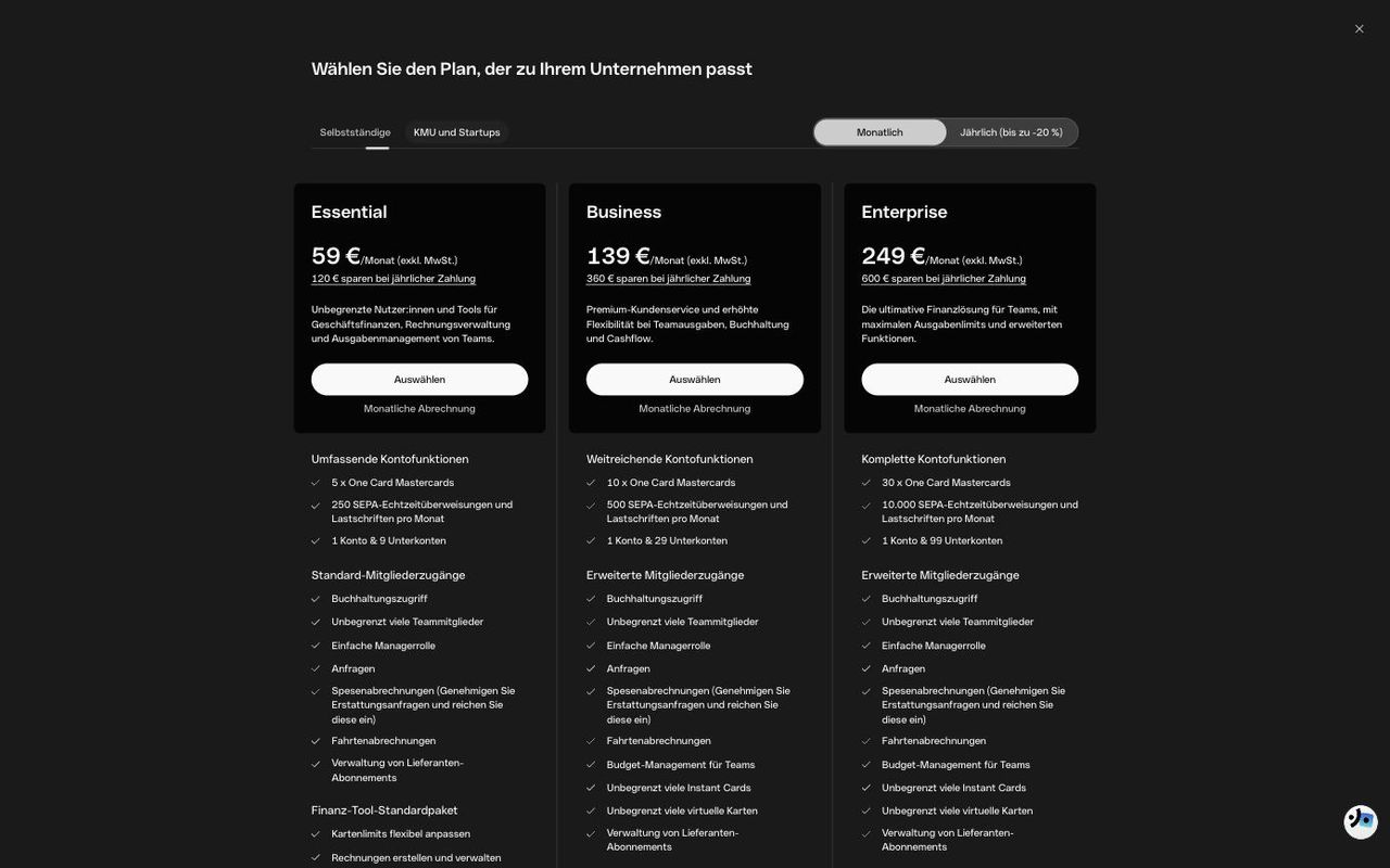 Qonto Team-Tarife Essential, Business und Enterprise für KMU