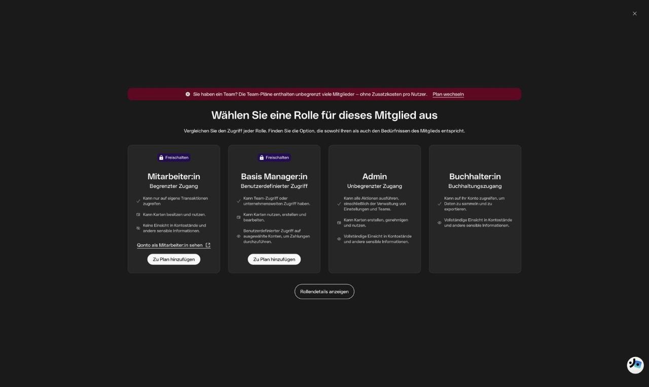 Rollenauswahl beim Einladen eines Teammitglieds in Qonto