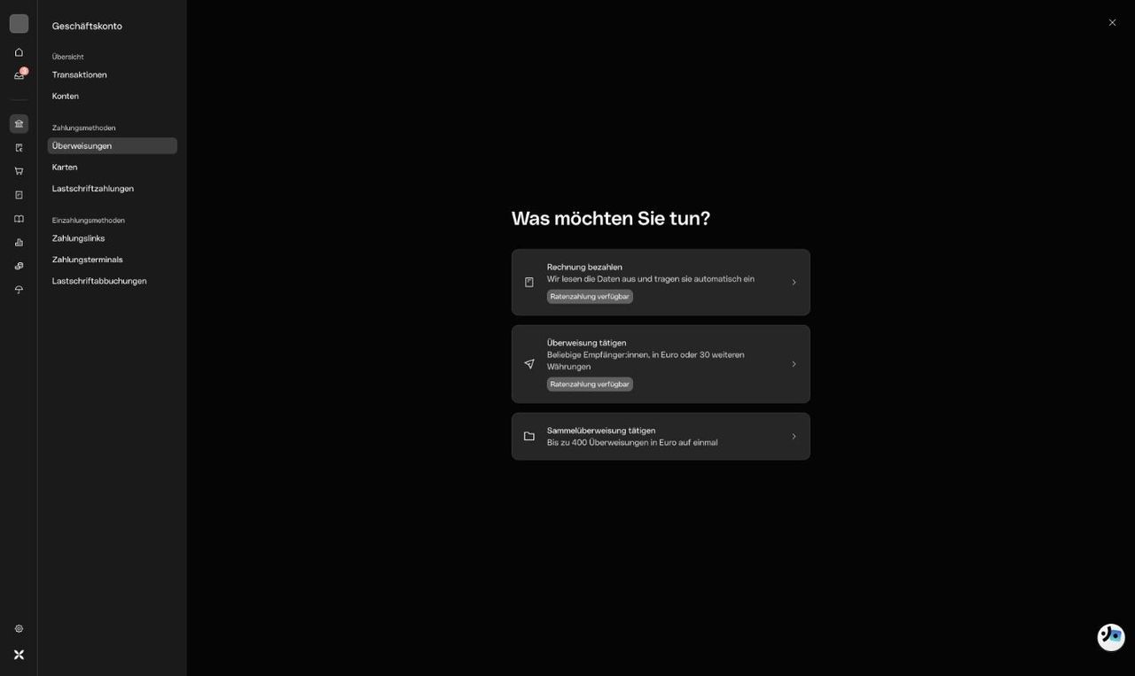 Auswahl bei Qonto zwischen Rechnung bezahlen, Überweisung und Sammelüberweisung