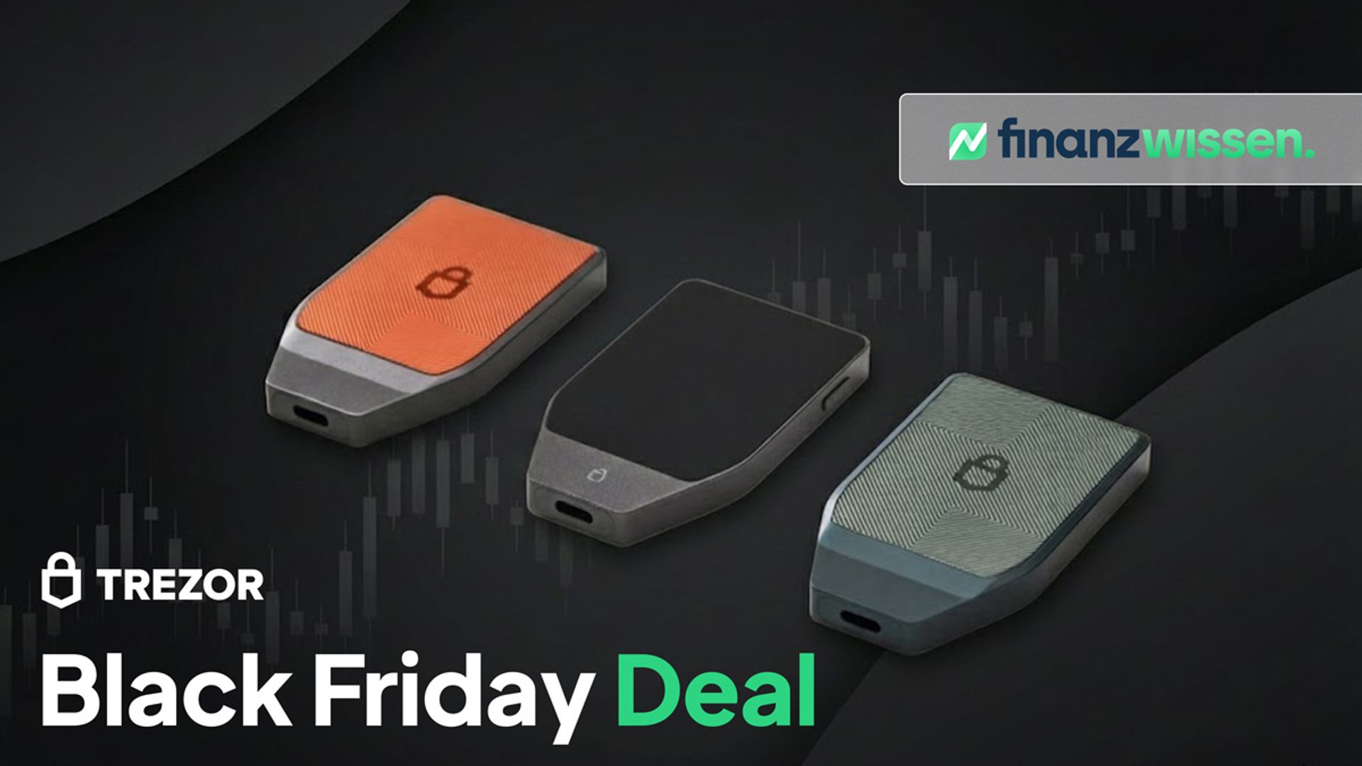 Black Friday Banner mit schwarzem Hintergrund, vor dem mehrere Trezor Hardware Wallets anzeigt werden