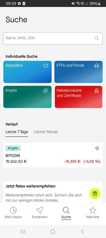 In der flatex next app kannst du schnell und direkt Wertpapiere suchen