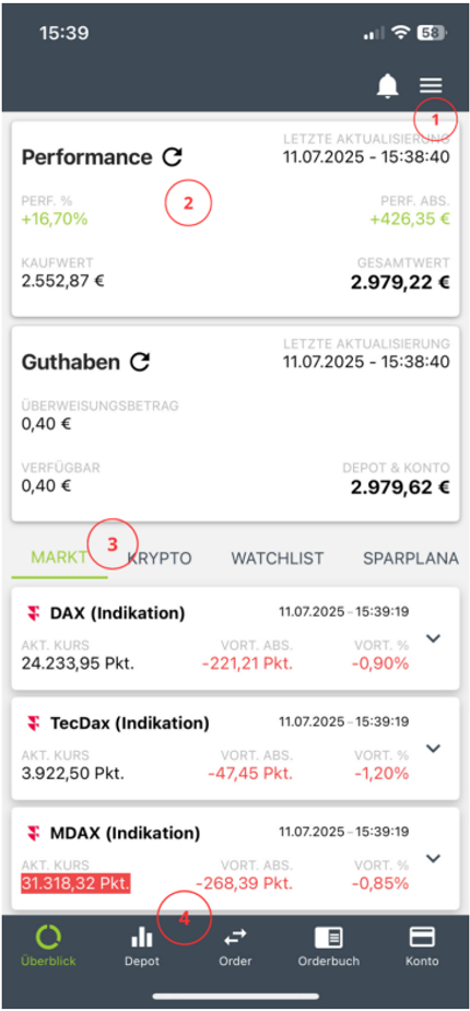 hier siehst du das Startmenü in der Trading-App von justTRADE