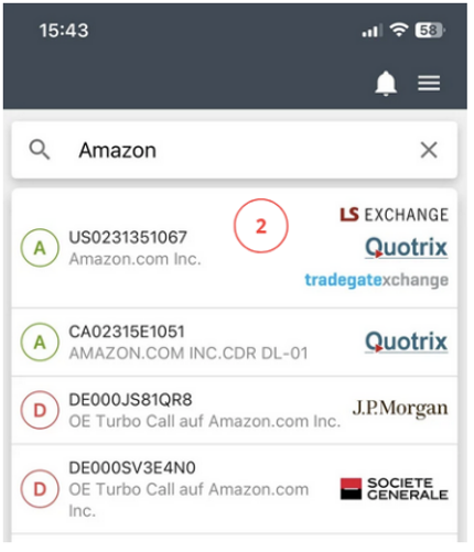 So suchst du ein Wertpapier in der App von justTRADE