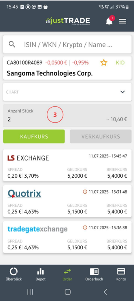 Du siehst hier verschiedene Handelsplätze für den Kauf oder Verkauf eines Wertpapiers in der justtrade App