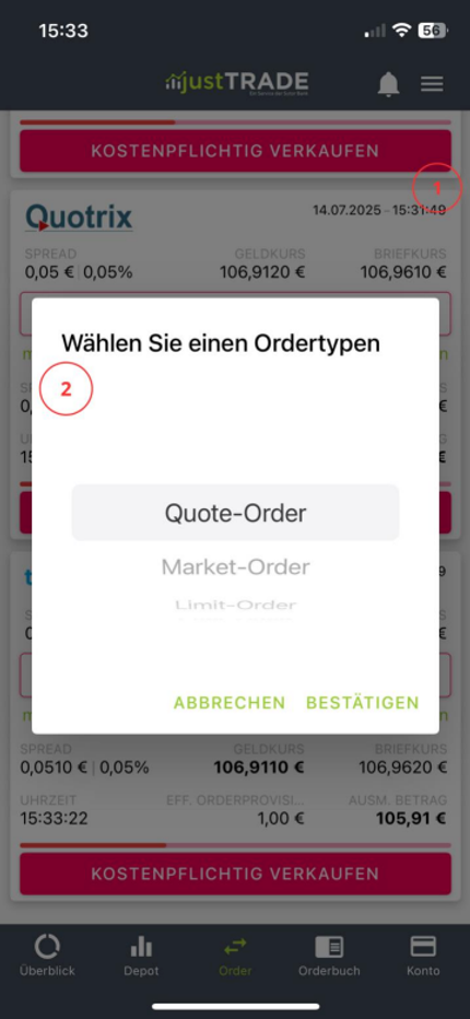 Hier wird die Auswahl eines Ordertyps in der justTrade App gezeigt