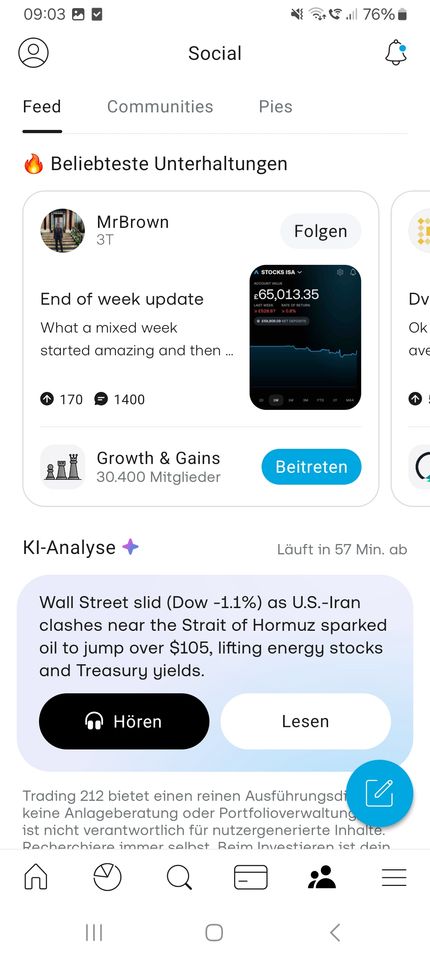 Feed, Communities und Pies in der Trading 212 App für Austausch