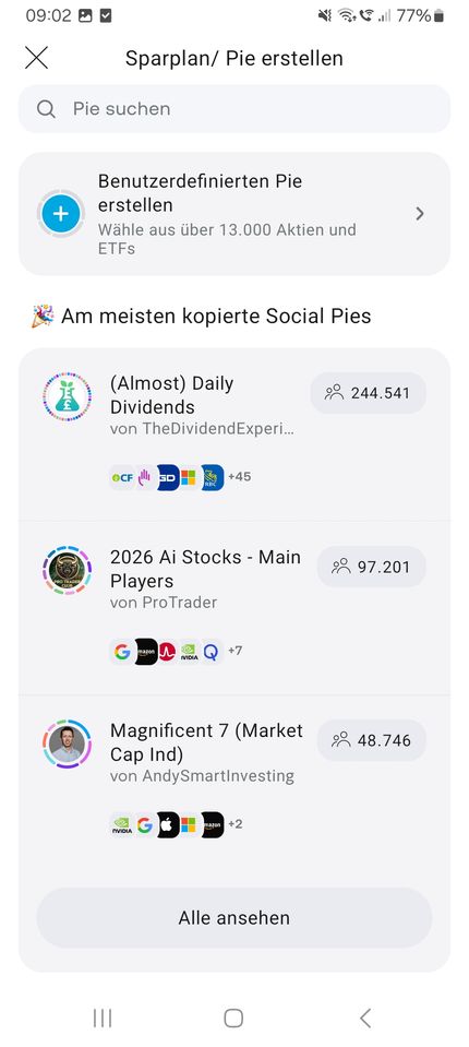 Pie suchen oder benutzerdefiniert erstellen in Trading 212 App