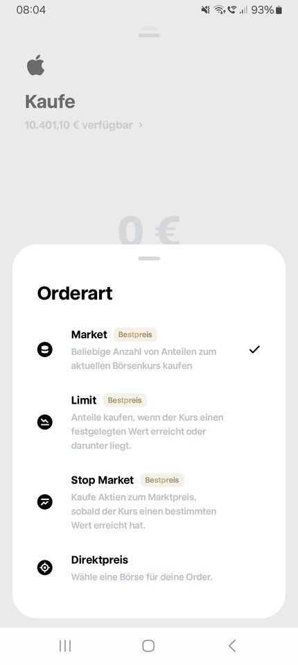 Bestpreis oder Direktpreis Order in der TR App auswählen