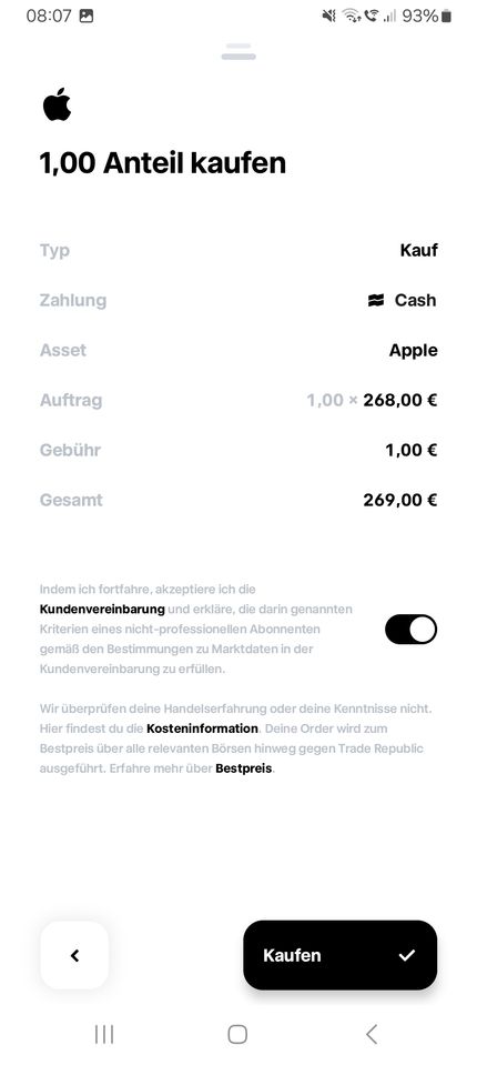 Jetzt kaufen bei Trade Republic, Order bestätigen