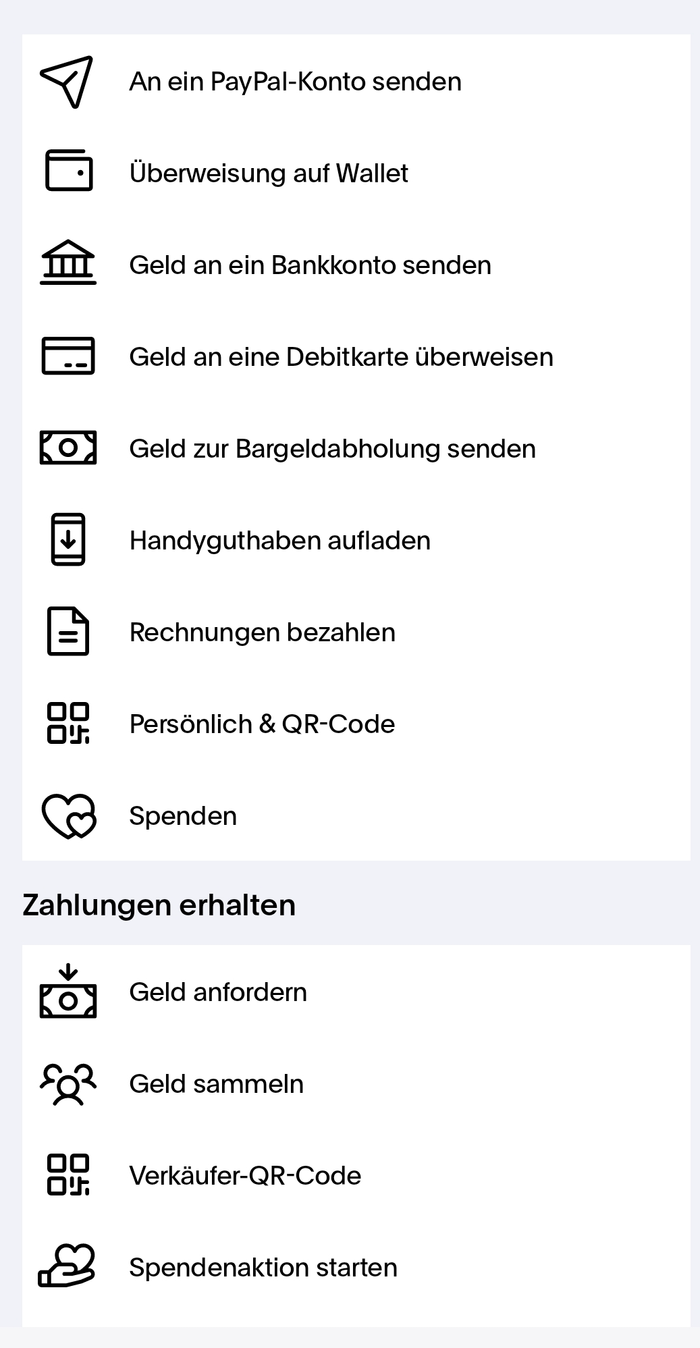 So sieht das Hauptmenü bei PayPal aus